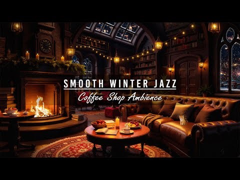 Cozy Winter Library Cafe Ambience ☕ Smooth Jazz Instrumental Music & Fireplace Sounds to Relax, Work