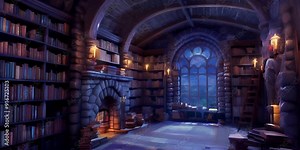 video of cozy, medieval-style library with stone walls, wooden shelves filled with books, warm fireplace, soft candlelight illuminating room, evoking sense of nostalgia, history, knowledge, fantasy Stock Video