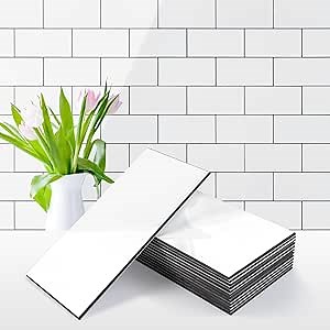 Vamos Tile 100-Piece Glossy Pure White Peel and Stick Backsplash Tile,3''x6'' PVC Subway Tile with Dark Gray Grout,Stick on Backsplash for Kitchen/Bathroom/Fireplace