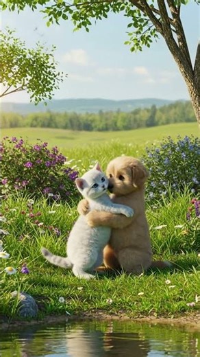 Cutest Kitten and Puppy Hug by the Lake! 🐱🐶 Relaxing & Heartwarming