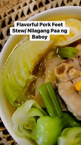 Nilagang Paa ng Baboy! Nilagang Paa ng Baboy is a traditional Filipino dish that is made with pork feet, also known as pig's feet or trotters. The dish is a type of stew that is cooked in a flavorful broth with various vegetables and spices. Here's a simple recipe to make Nilagang Paa ng Baboy:_Ingredients:_- 2-3 pork feet, cleaned and cut into large pieces- 2 tablespoons vegetable oil- 1 onion, chopped- 2 cloves garlic, minced- 1 cup chopped bok choy or pechay- 1 cup chopped cabbage- 1 cup dice