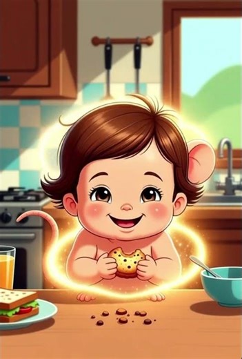 “A cute little mouse sitting in a colorful cartoon kitchen finds a magical biscuit.