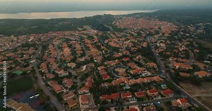 Flying a drone over the rooftops of a small tourist town in the south of France on the Mediterranean Sea of Leucate