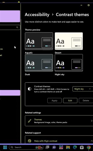 How to set Contrast themes Night sky in windows 11