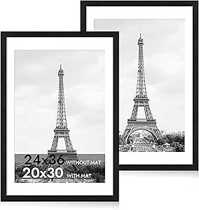 iRahmen 24x36 Poster Frame Set of 2 with Plexiglass, Black Frames Display Picture 20x30 with Mat or 24 x 36 Without Mat, Photo Frames for Gallery Wall Mounting Horizontal and Vertical