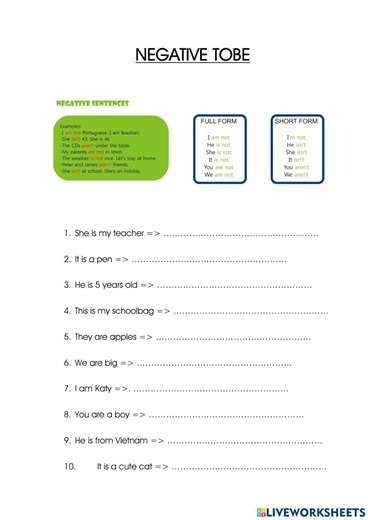 Negative tobe worksheet