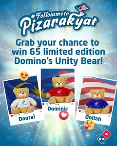Merdeka! Merdeka! Merdeka! Seems like Domino’s Unity Bears are here to celebrate Merdeka and Malaysia Day with us! 🇲🇾 You’re invited to join their adventure to #FollowMeToPizaRakyat. Join our GIVEAWAY to stand a chance to win 65 huggable Domino’s Unity Bear!🧸 Don't miss out for this loveable fluffy opportunity! 😍 Here’s How You Can Win 🥳: 1️⃣ Order Domino’s via website and Choose Self-Collect 2️⃣ Collect your order at Domino’s store 3️⃣ Take picture of you and your family enjoying the pizza