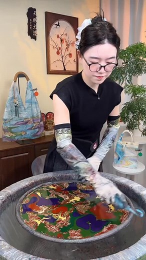 Use the color scheme mix with water to have the forest and the sky for made a beautiful bag#artist #watermarbling #art #watercolor #waterart | Meng Kheang