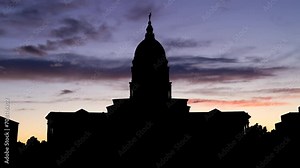 Kansas State Capitol Building in Topeka, Time Lapse at Twilight with Colourful Sky and Dark Silhouette of Dome, KS, USA