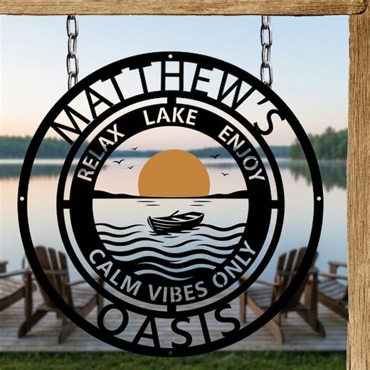 Lake Oasis Metal Sign, Personalized Lake House Decor, Sunset Boat Wall Art, Cabin Outdoor Sign, Calm Vibes Decor - Etsy