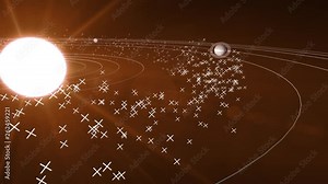 3d animation of the solar system with orbits of the main objects in orange color on a solid black background and smaller white abstract objects