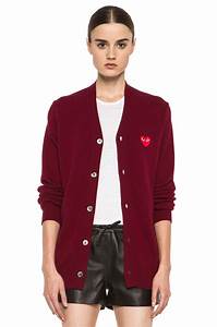 Comme Des Garcons Play Wool Cardigan With Red Emblem In Burgundy Fwrd