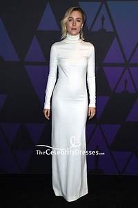 Saoirse Ronan White High Neck Sheath Evening Dress With Sleeves 2018