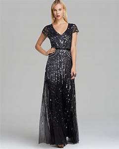 Lyst Papell V Neck Beaded Gown Cap Sleeve In Black