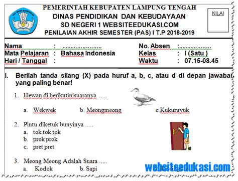 Format of UAS Bahasa Indonesia Kelas 1 Semester 1