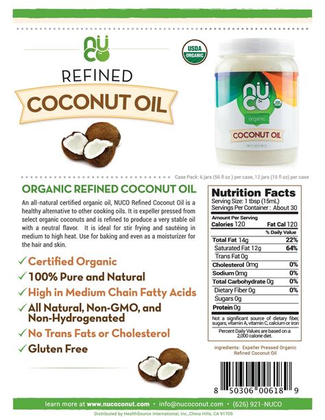 Organic Refined Coconut Oil Nutrition
