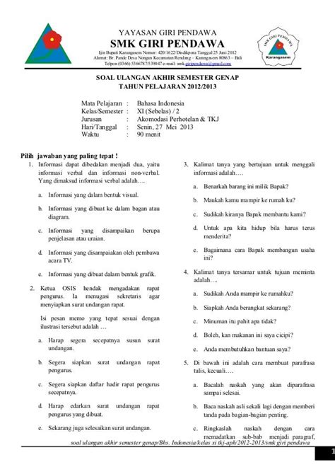 Contoh Soal PAS Bahasa Indonesia Kelas 11 Semester 2