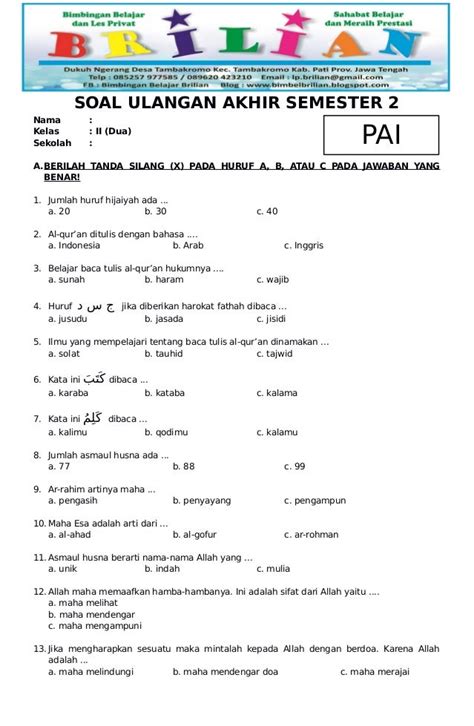 contoh soal matching pai kelas 2 sd