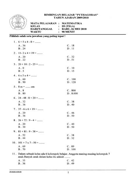 Matematika Kelas 3 SD Semester 2 - Soal Bilangan Bulat
