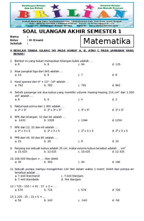 Soal PTS Kelas 6 - Matematika