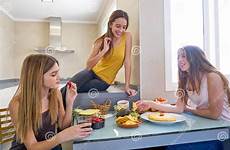 lunch friends girls eating teen kitchen table preview happy people