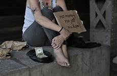homeless woman begging barefoot unemployed punk job hope sign money holding stock royalty