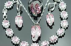 jewelry zirconia pink bridal sets cubic sterling earrings pendant rings necklace silver women