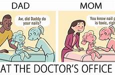 comics dads parenting mom dad vs moms do differently society father when public seen show comic cartoon illustrations stereotypes mommy