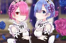anime hair re zero eyes red pink blue short maid girls rem ram kara seikatsu hajimeru isekai wallpaper rezero flowers