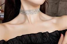 sexy choker chocker neck necklace necklaces bohemia sequins collar invisible statement chain lace silver color women a217