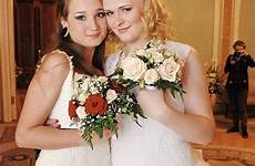couple wedding russia gay lesbian russian first marry irina alyona lesbians married marriage wear dresses shumilova loophole legal allows born
