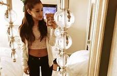 ariana grande selfie belly outfits tumblr button shirt crop style jeans stomach body phone skinny her cat cute tops mirror