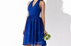 dressfirst halter bridesmaid chiffon knee ruffle length princess line dress royal color blue