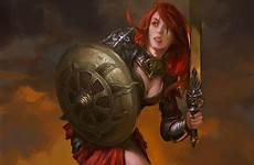 fantasy girl shield redhead knight women female artstation swords wallpaper fu artwork wallha weapon girls large
