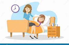 sick child fever mother kid ill looking care bed girl vector preview