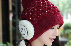 cute beanies winter women caps hats knitted skullies pompom rhinestones decorated thick smiling face