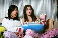 movie watching horror girls stock