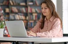 laptop woman working office entrepreneur stock bookshelves knowledge self development smart library looks