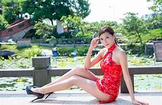 asian heels legs dress high women long wallpaper red minidress model hair sitting outdoors brunette lake park wallhere wallpapers
