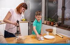 helping kitchen boy mother cooking little his cook