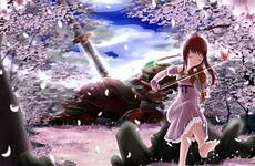 anime violin girl wallpaper hair red sakura petals trees play original konachan 2k respond edit upload