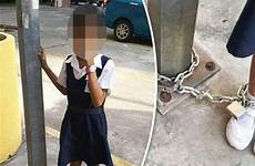 girl school punishment daughter cruel chained mother chain ties pole skipping punished express her malaysia horrified mum lampost