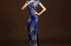 qipao chinese long blue dress traditional qi pao cheongsam lace bride royal wedding fashion dresses women antique color mouse zoom