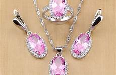 pink jewelry sets cubic women zirconia pendant bridal sterling earrings necklace ring silver mystic
