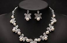 jewelry pearl sets wedding necklace bridal earrings plated adornment rhinestones butterfly silver