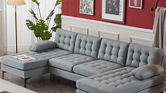 Ktaxon Sectional Sofa, 4 Seats Tufted Linen Fabric Couch, U-Shaped Lounge Sleeper with Comfy Chaise for Living Room Light Gray