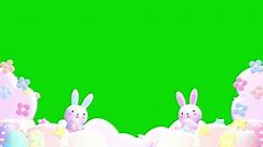 Looped frame of cute bunnies holding Easter eggs, beautiful flowers, and pastel clouds on a green screen background.