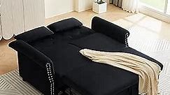 Black 3-in-1 Tertible Sleeper Bed W/Pull Out Sleep Daybed, Functional Reclining Backrest Love Seat Sofa & Couch for Living RoomBlack Velvet Twin 2 Pillows Removable Armrest Nailhead Decor