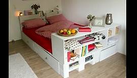 Bett aus Europaletten DIY Mit Schubladen und Ablageflaechen