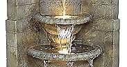 Water Fountain with Halogen Light - 3 Foot Tall Saint Remy Lion Garden Decor Corner Fountain - Outdoor Water Feature